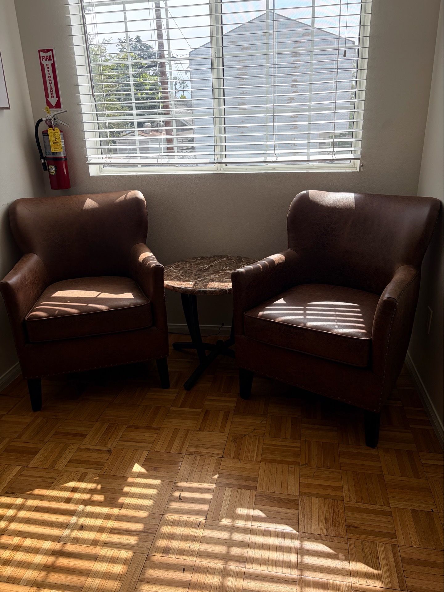 2 Faux Leather Club Chairs + Marble Accent Table Set