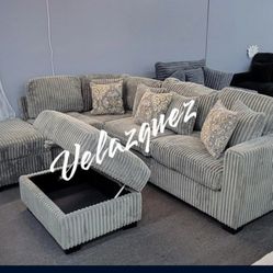 ✅️✅️3 pc smoke grey wide welt corduroy fabric sectional sofa with USB plugs square arms with chaise and storage ottoman✅️✅️