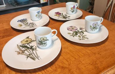 Vintage JSC Flower Garden Fine China, Set of Four Snack Plates And Cups