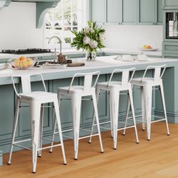 Home 30" Industrial Metal Barstools Low Back Distressed White Bar Stools with Wooden Seat Counter Height Stools Dinning Chair [Set of 4]