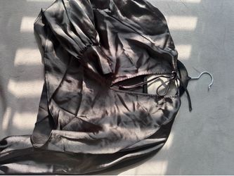 Black Satin Long-Sleeve Top with Tie Neckline