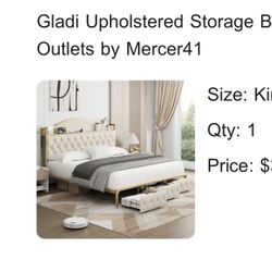 King Upholstered Storage Bed With Power Outlets