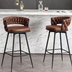 Modern Bar Stools Set of 2, 30" Bar Height Barstools, 180° Swivel Suede Fabric Stool Chairs with Woven Back and Footrest for Kitchen Island, Cafe, Pub
