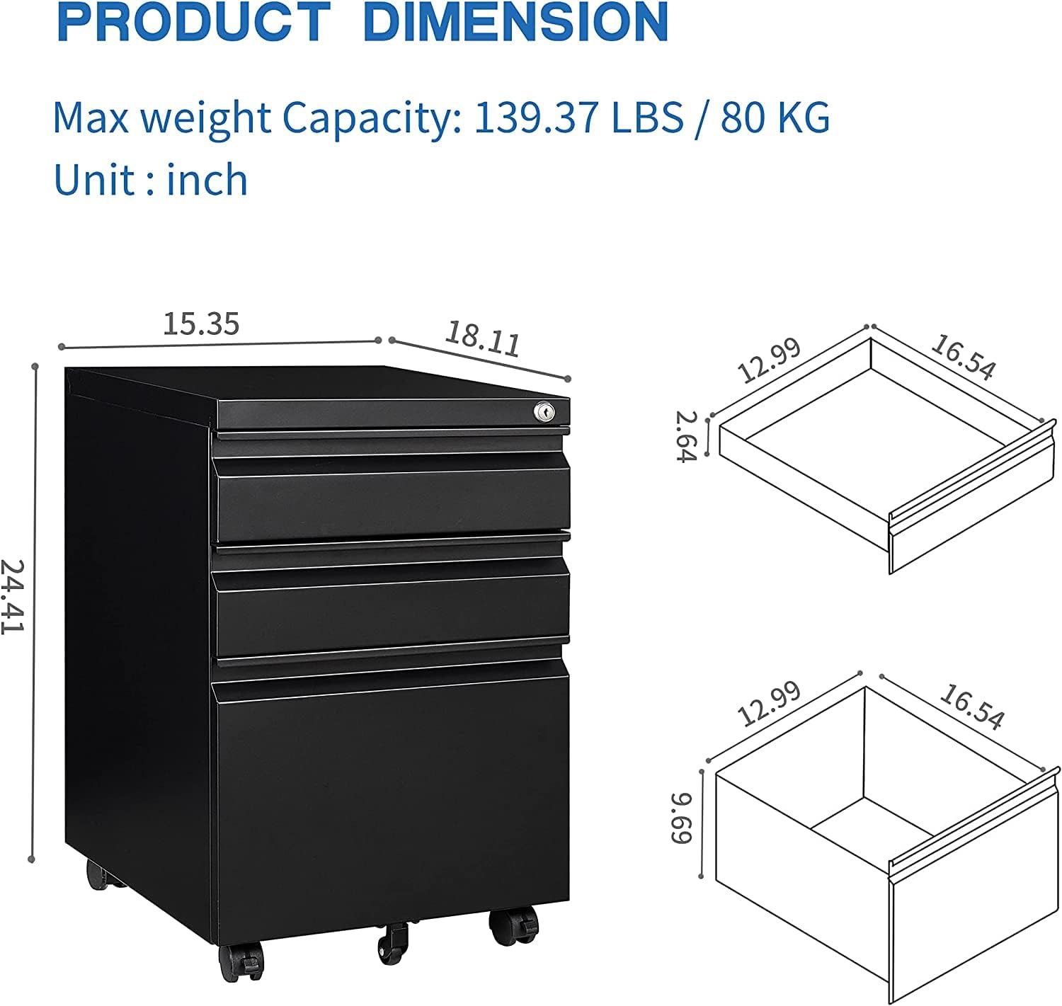 😀FLEXISPOT 3 Drawer File Cabinet for Home Office,Metal Mobile Filing Cabinet Under Desk Storage with Lock Keys,File Organizer Cabinet for Legal/Lette