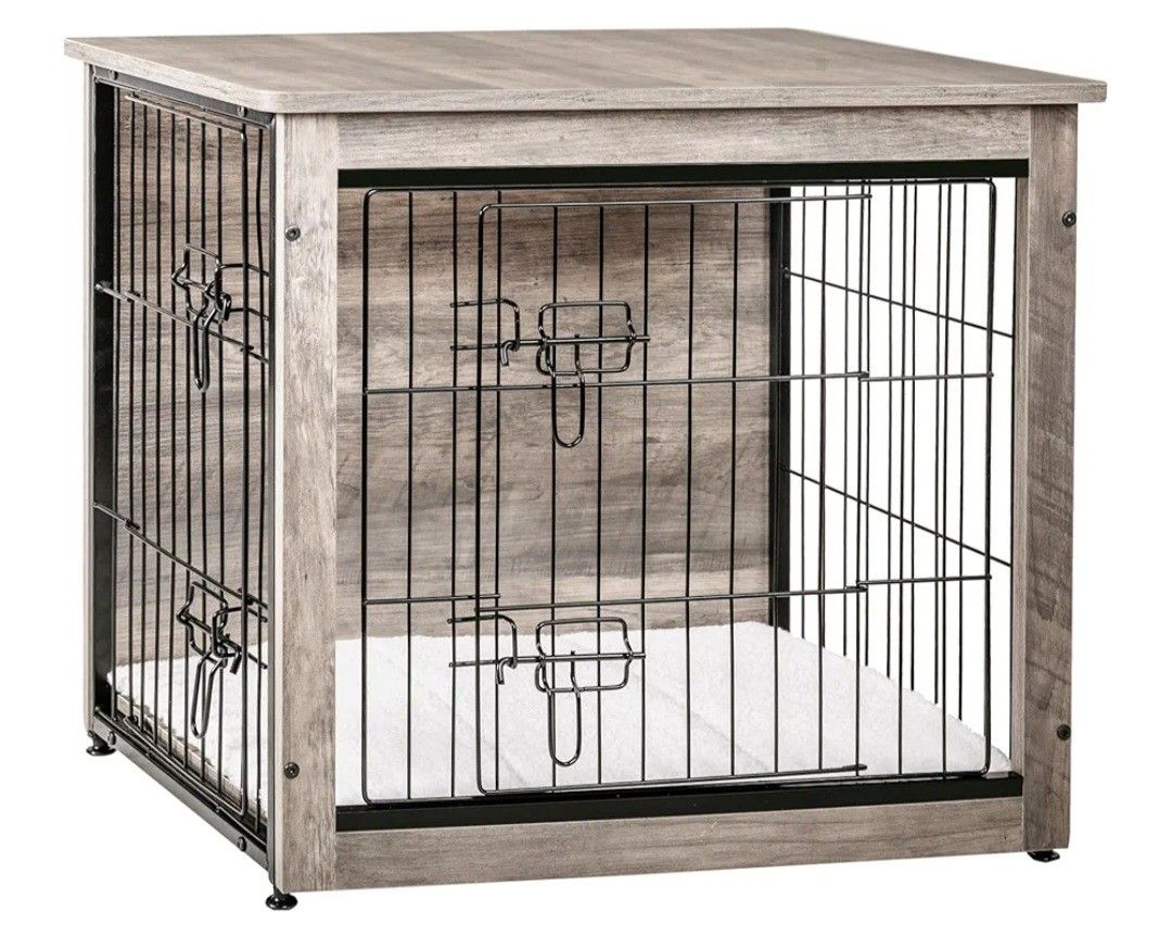 Dog Crate Furniture with Cushion, Wooden Kennel Table with Double Doors Size, 27.2" L
