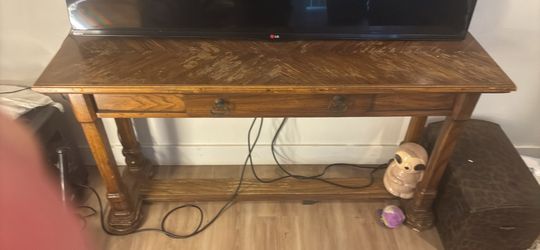 Wooden console table vintage with parquet top