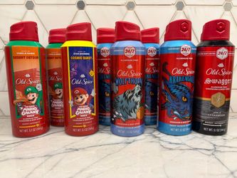 Old Spice underarm and body spray cans. Desert Detour; Cosmic Quest; Krakengard; Wolfthorn, or Swagger scent. New