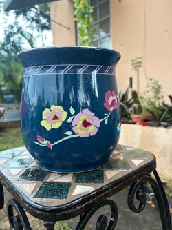 Blue Ceramic Planter with Floral Design