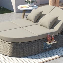TOPMAX Outdoor Sun Bed Patio 2-Person Daybed with Cushions and Pillows, Rattan Garden Reclining Chaise Lounge with Adjustable Backrests and Foldable C