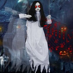 Scary Halloween Decorations Outdoor Halloween Hanging Swinging Girl Sound Slap Activated Light Up Eyes Creepy Sound Expressions