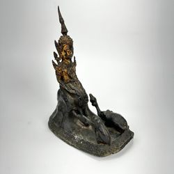 Antique Thai Bronze Rattanakosin 19 Cent Seated Buddha Statue Accepting Offering