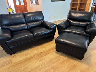 Black Leather Loveseat, Chair, and Ottoman Set