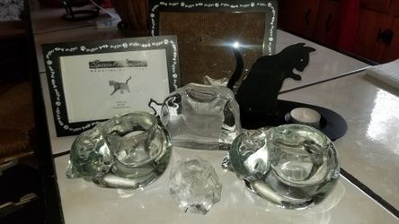 CAT Collectibles! ALL 7 items CAT Bundle! Crystal Cats, Crystal Candle Holders, Metal Cats, Cat Frames! $49 for all 7 items!