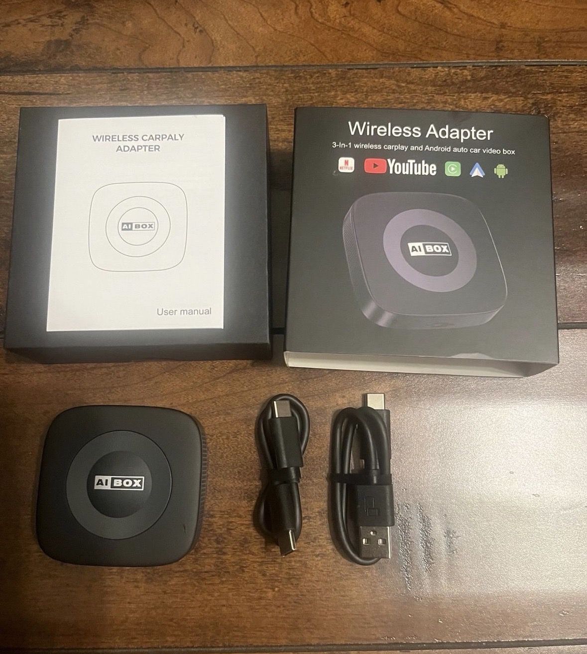 NEW AI BOX 3-IN-1 WIRELESS CARPLAY & ANDROID AUTO ADAPTER – STREAM YOUTUBE & NETFLIX UPGRADE YOUR DRIVE TO WIRELESS FREEDOM Tired of fumbling with cab