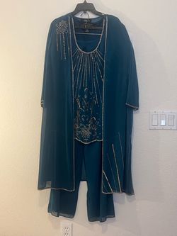 Holiday Bling ! 3 piece Pant Set Green with, gold sequin discs and seed beads accents. Lightweight polyester.