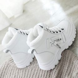 Woman's Fashionable White Sneakers 2023 New Comfortable  Lace Up Round Toe Sporty Casual Shoes  Warm Fleece Line Snow Boots