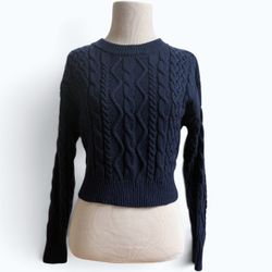 Sugar Moon Navy Blue Cropped Cable Knit Navy Sweater, Size XS, MSRP$49