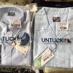 TWO MEN’S NEW In Original Package UNTUCKIT BUTTON DOWN SHIRTS SIZE M Lons Sleeve  $109 Short Sleeve &70