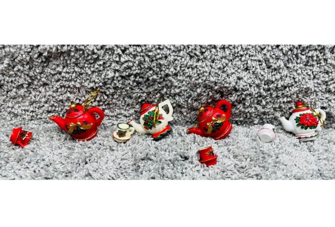 Mini Holiday Christmas Red White Tea Pot Tea Cup Ornament Decoration 3" Lot of 8