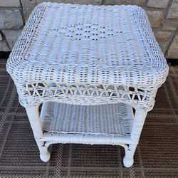 White wicker side table