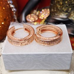 Beautiful Rose Gold Over Silver Iced Hoop Earrings 