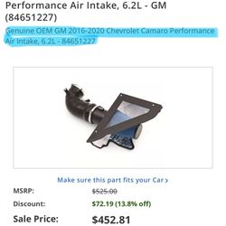 Cold Air Intake, Camaro SS 6th Gen
