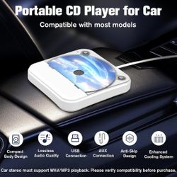 Portable CD Player for Car with USB & AUX – Universal External CD Drive with Anti-Skip, USB Extension Cable, Plug & Play for Vehicle, Laptop, TV – Com