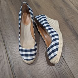 J.Crew Navy Gingham Wedge Sz 7