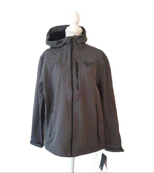 Reebok Soft Shell Jacket with Hood Fleece Lined  - Size Large Charcoal Gray