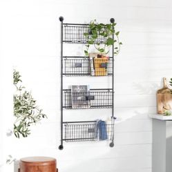 🗂️ 4-Tier Industrial Wall Organizer Basket & Magazine Rack Black Metal with Rustic Distressed Finish | Wall Mounted