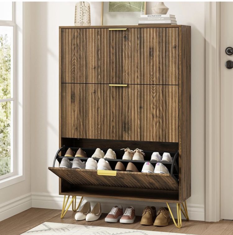Shoe Cabinet with 3 Flip Drawer, Mid Century Shoe Cabinet Storage for Entryway Slim, Hidden Shoe Storage Cabinet, Freestanding Shoes Rack Organizer fo