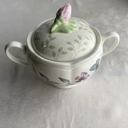 Lenox Butterfly Meadow Sugar Bowl with Lid Double Handled Floral Rose