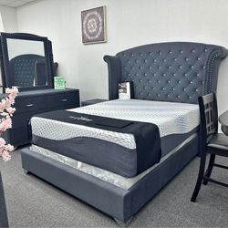 🌟New ♠️$10 Down Payment Finance ▪️▪️Melody Gray 4 Piece Queen Bedroom Set