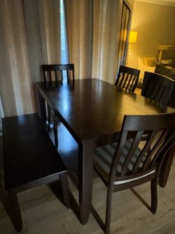Dark Wood Dining Table Set with Chairs and Bench