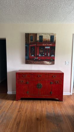 Red Chinese Antique Cabinet and cafe painting