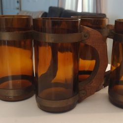 Vintage 1979 Amber Glass Beer Mugs Set Of 4 