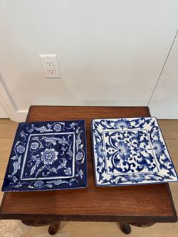 Vintage Blue & White Square Dishes Set of 2, 7" Floral Design,