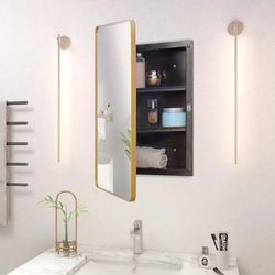0139: New Fundin Medicine Cabinet, Beveled Edge Mirror Door with Round Corner Metal Frame, Recessed and Surface Mount Bathroom Medicine Cabinet, Golde