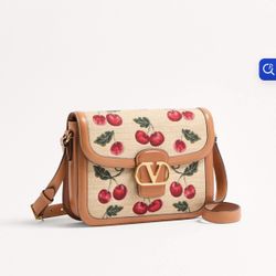 Valentino Garavani 9To5 Shoulder Bag In Jacquard Raffia With Cherryfic Motif