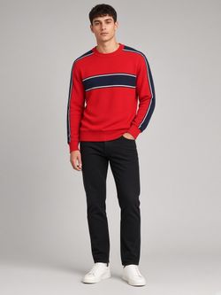 Vintage Red Crewneck Sweater with Navy Stripe