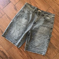 Gray Washed Denim Shorts with Studded Detail