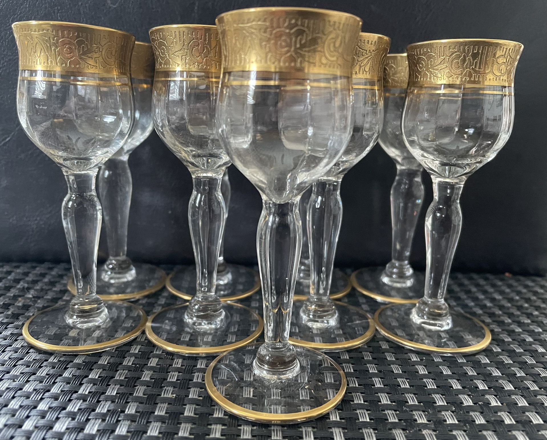  Etched Gold Trim Rim Cordial Glasses Set of 9 Liqueur Stem MCM Floral 4”