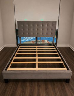 Grey Tufted Velvet Platform Queen Bed Frame - PRICED LOW TO SELL- MOVING SALE ‼️