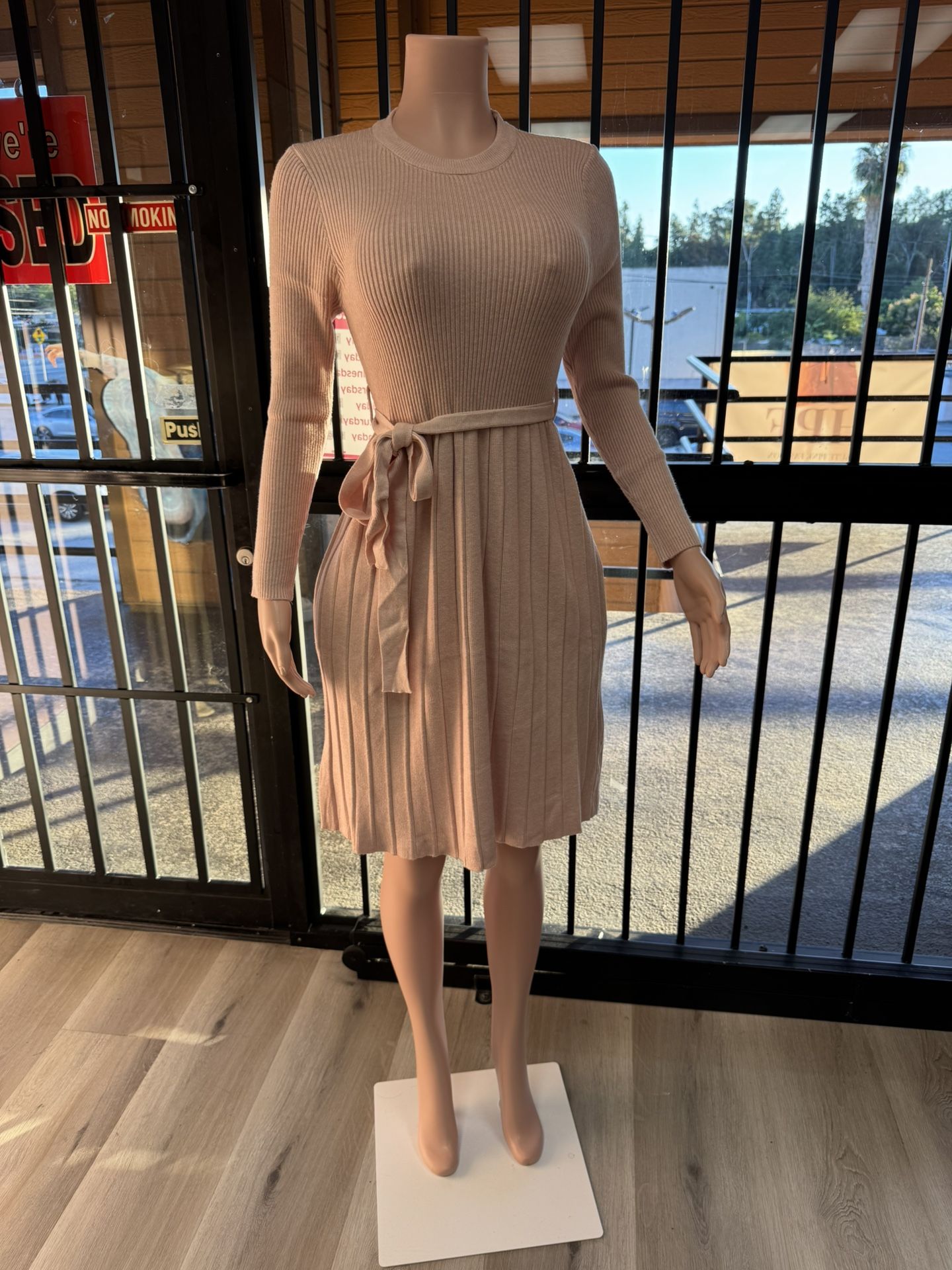 Blush Ribbed Tie-Waist Midi Dress Dress