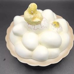Rare Lefton Vintage Hand Painted Ceramic Lidded Bowl Eggs Chicks