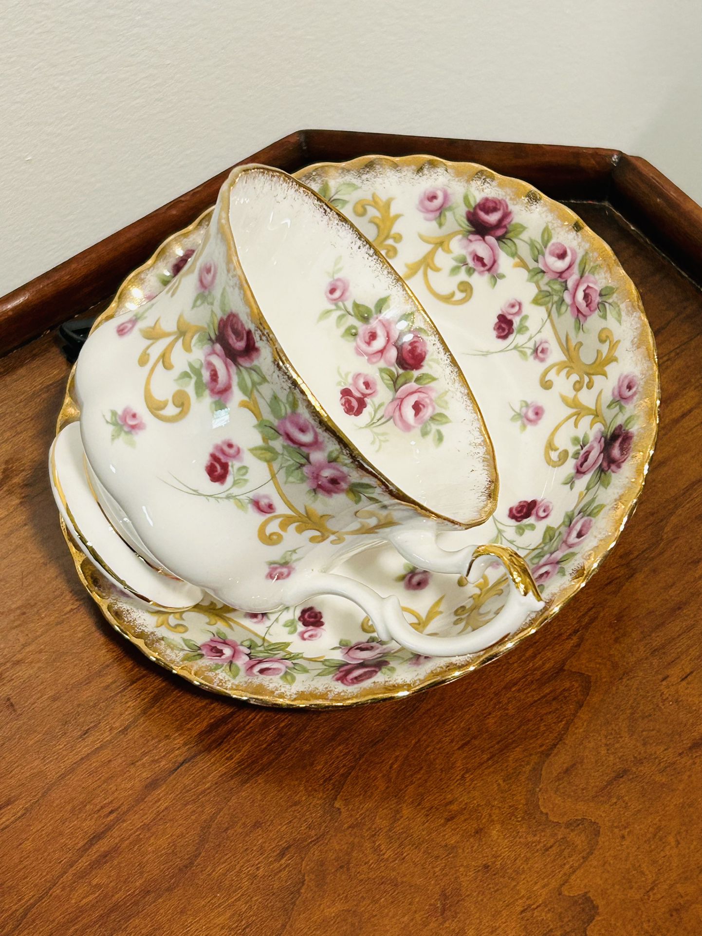 Royal Albert Tea Cup and Saucer Set with Purple Roses, Sheraton Series Lavinia, Vintage Bone China England 