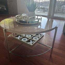 Company 32 in. White Marble Top Glass Shelf Gold Legs Round Coffee Table