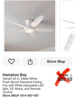 Hampton Bay Tamsin 52 in. Matte White Flush Mount Standard Ceiling Fan with White Adjustable LED light, DC Motor, and Remote Control