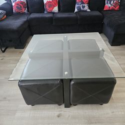 Modern Glass Coffee Table w/ 4 Black Leather Ottomans – Space Saving Set