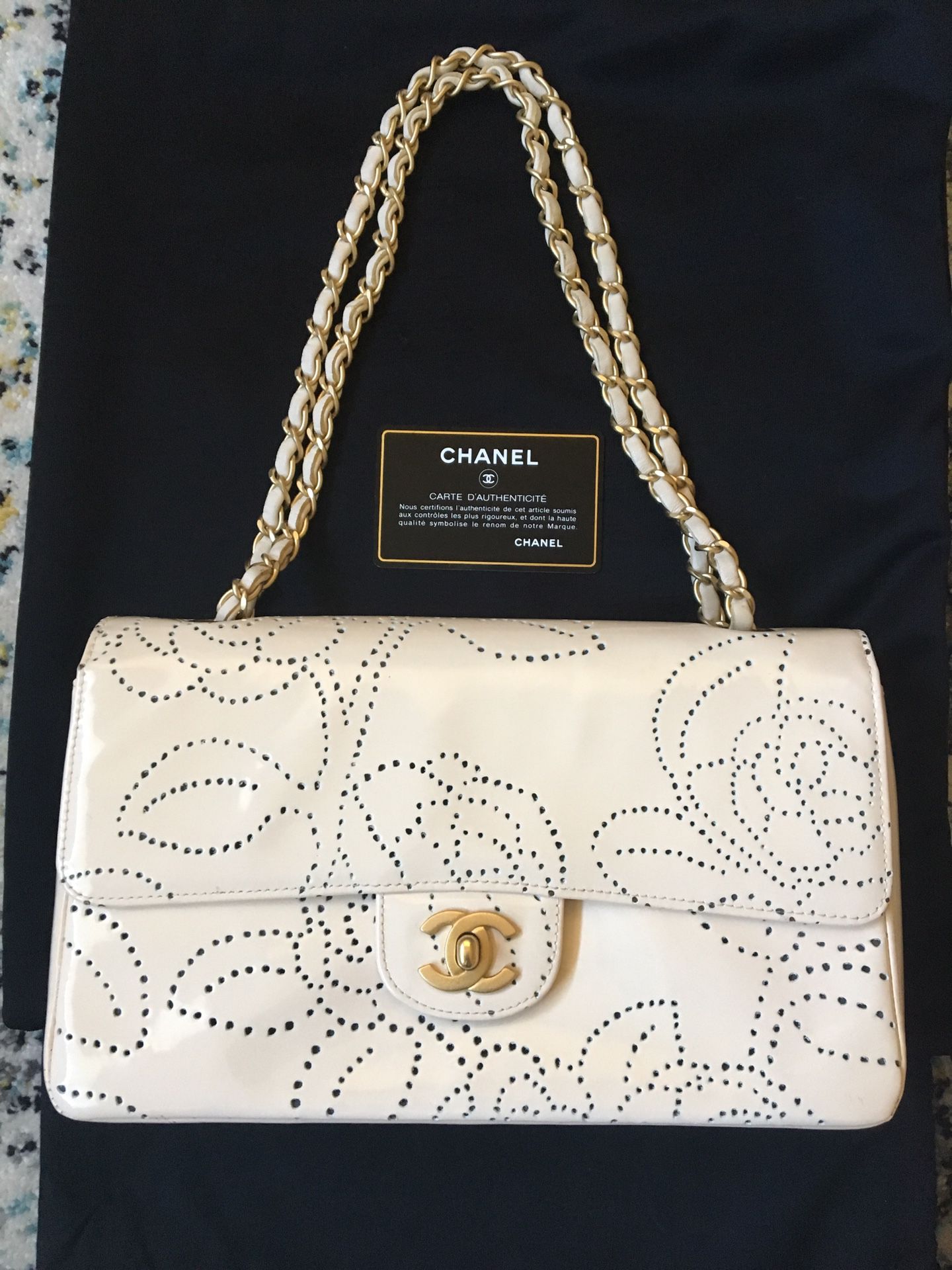 Chanel Camellia Chain Shoulder Bag Patent Leather Ivory Vintage